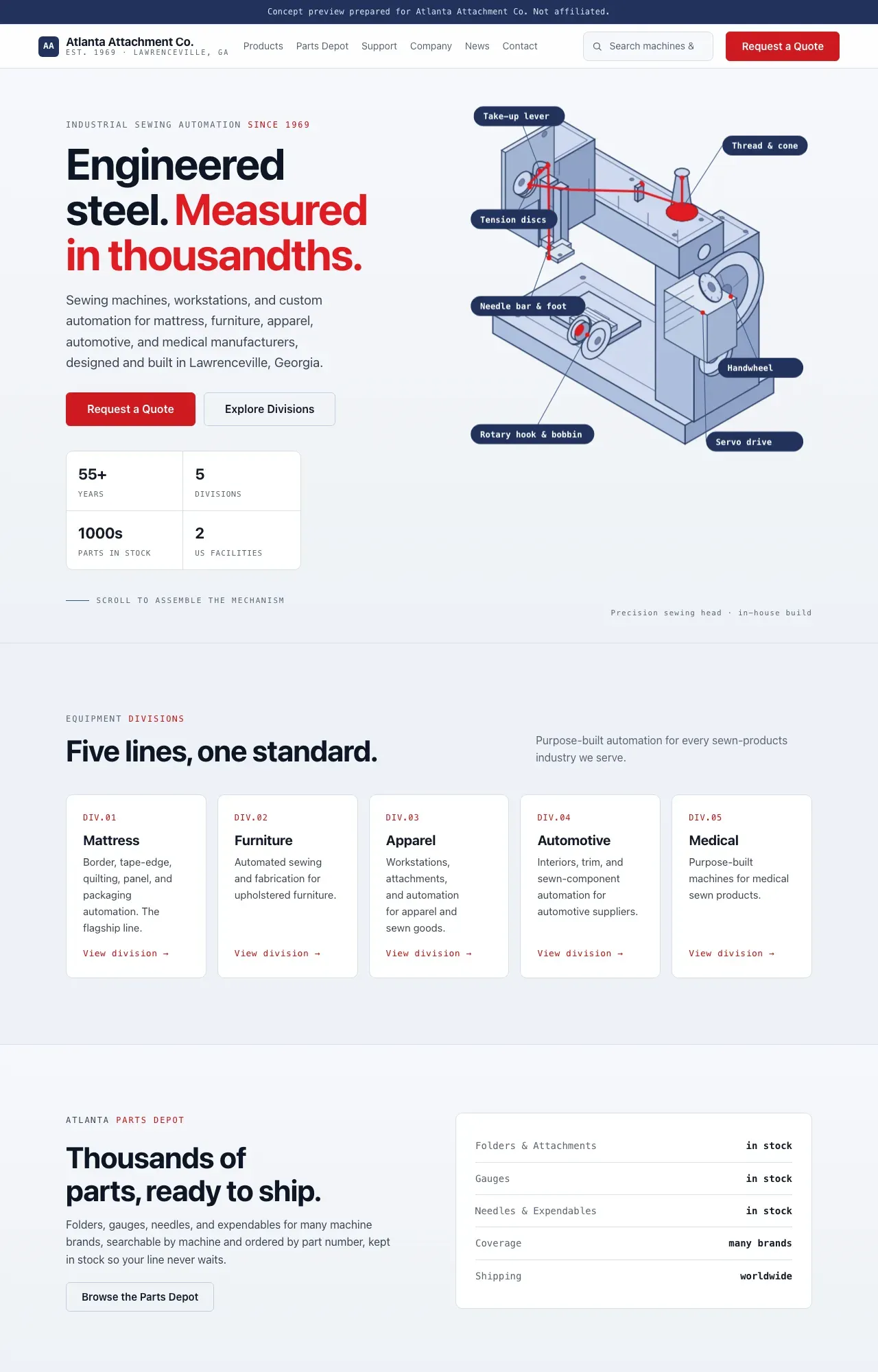 Assembly direction home page: a cool, light engineering field with steel-blue exploded-diagram linework, navy callouts, and a single red thread accent.