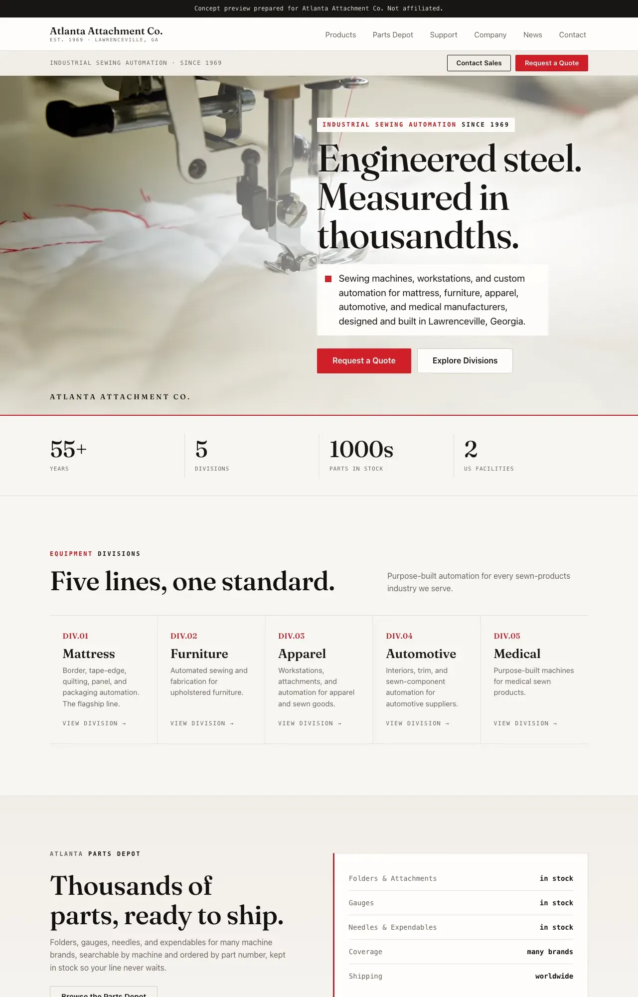 Editorial direction home page: a warm cream field with a very large serif headline, generous photography, mono labels, and one crisp red rule.