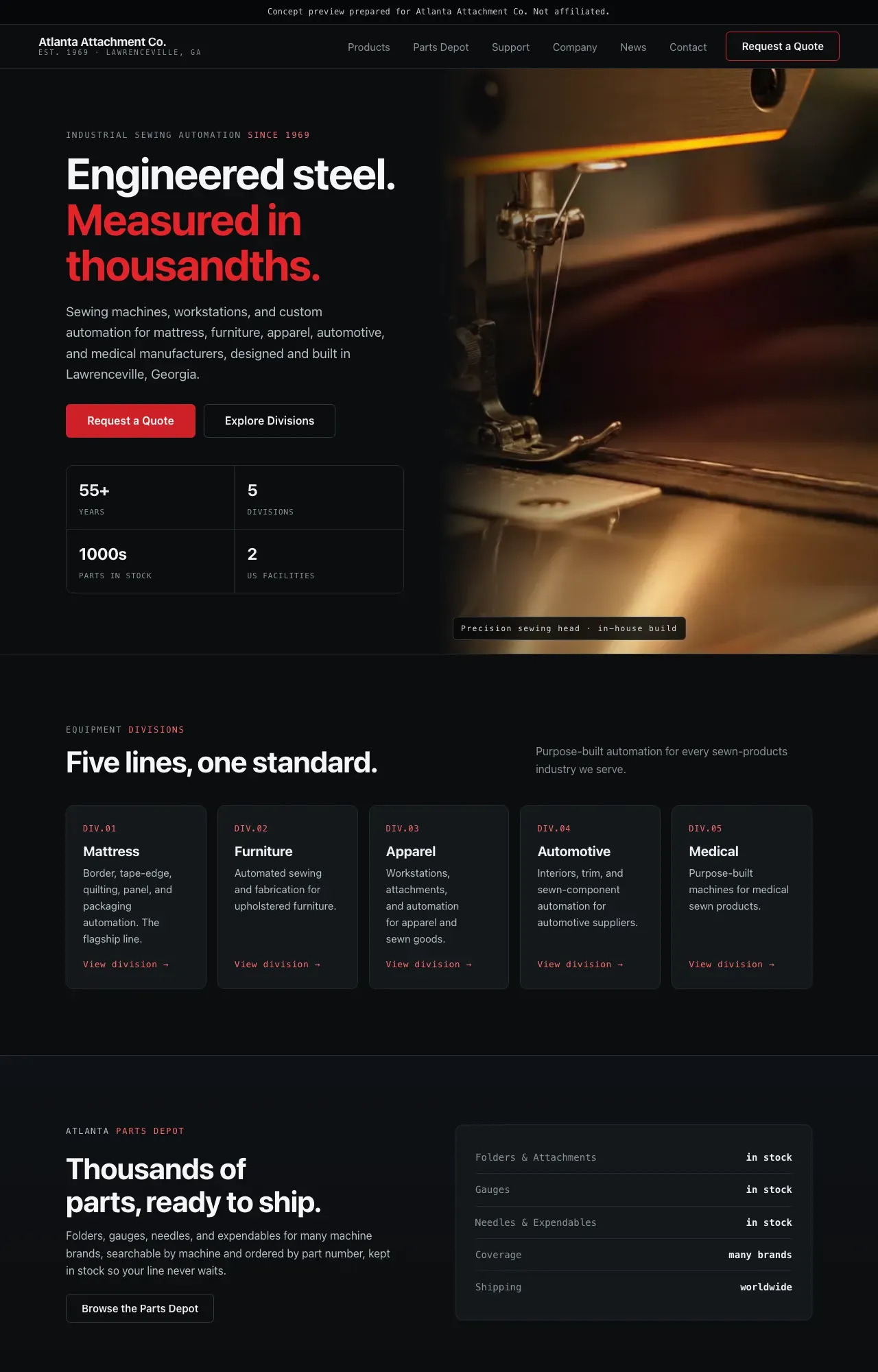 Signature direction home page: a dark charcoal machine-shop layout with a warm rim light, industrial red accents, and a split hero of working machinery.